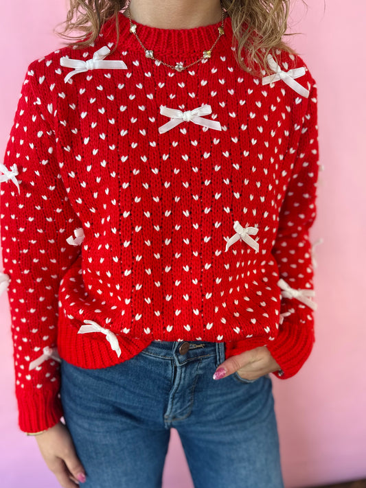 RED SWEATER W/HEART & BOW DETAIL