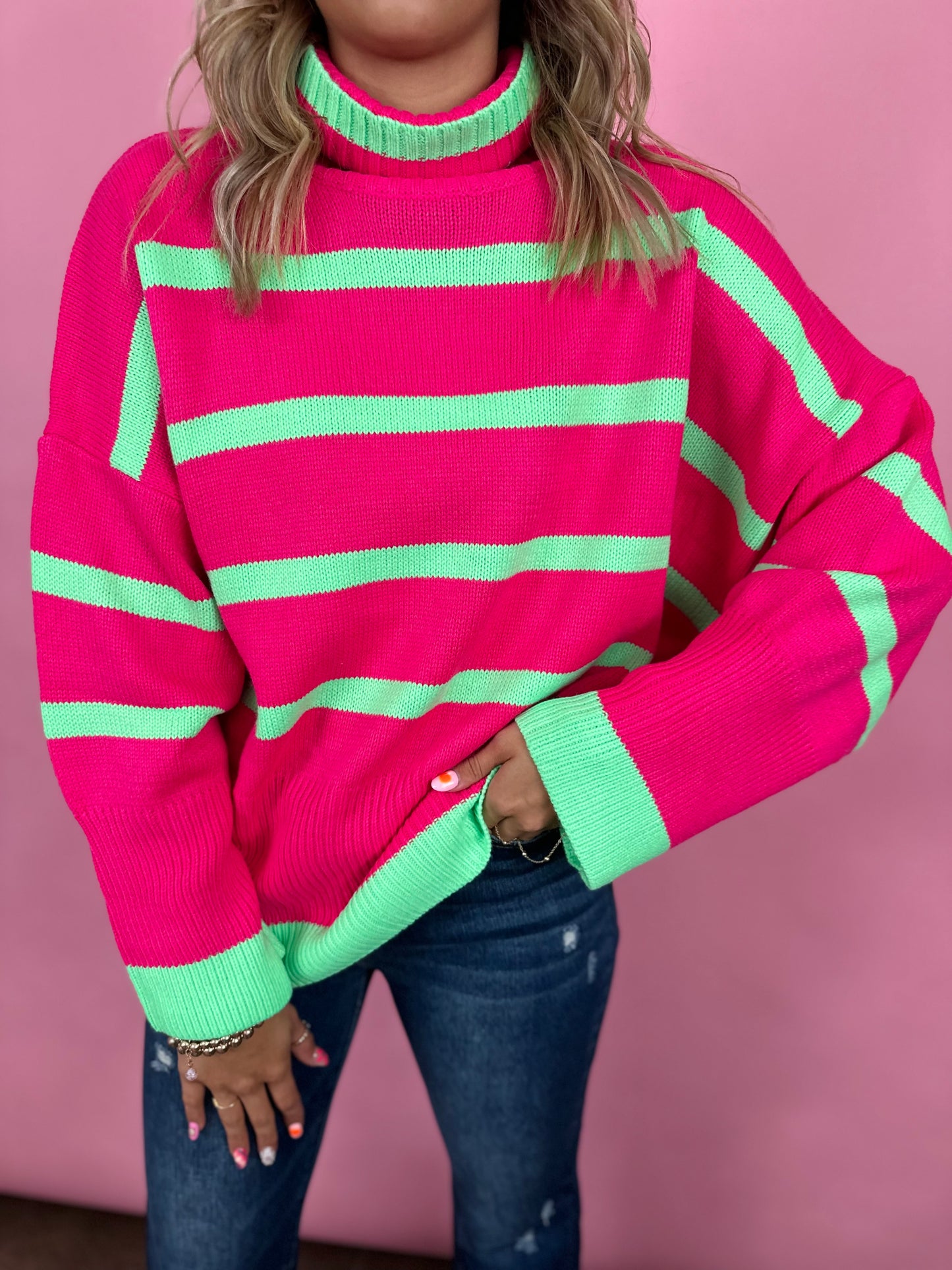 NEON PINK/GREEN TURTLENECK SWEATER