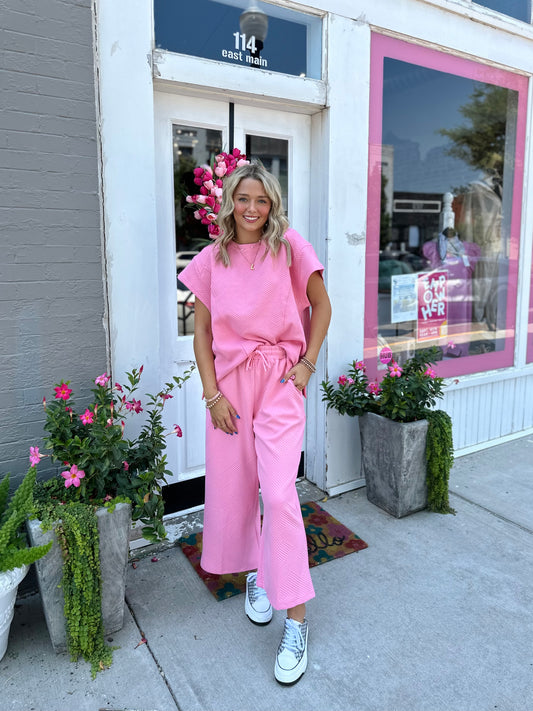 PINK OVERSIZED QUILTED SHORT SLEEVE CROP PANT SET