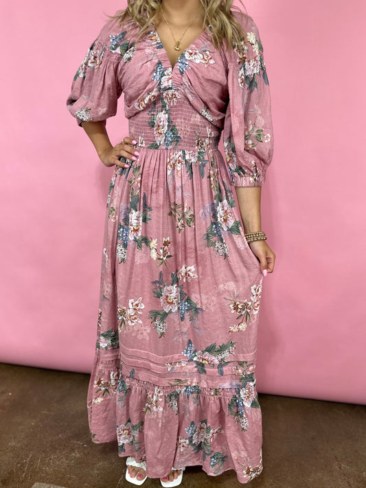 MAUVE FLORAL PRINT MAXI DRESS