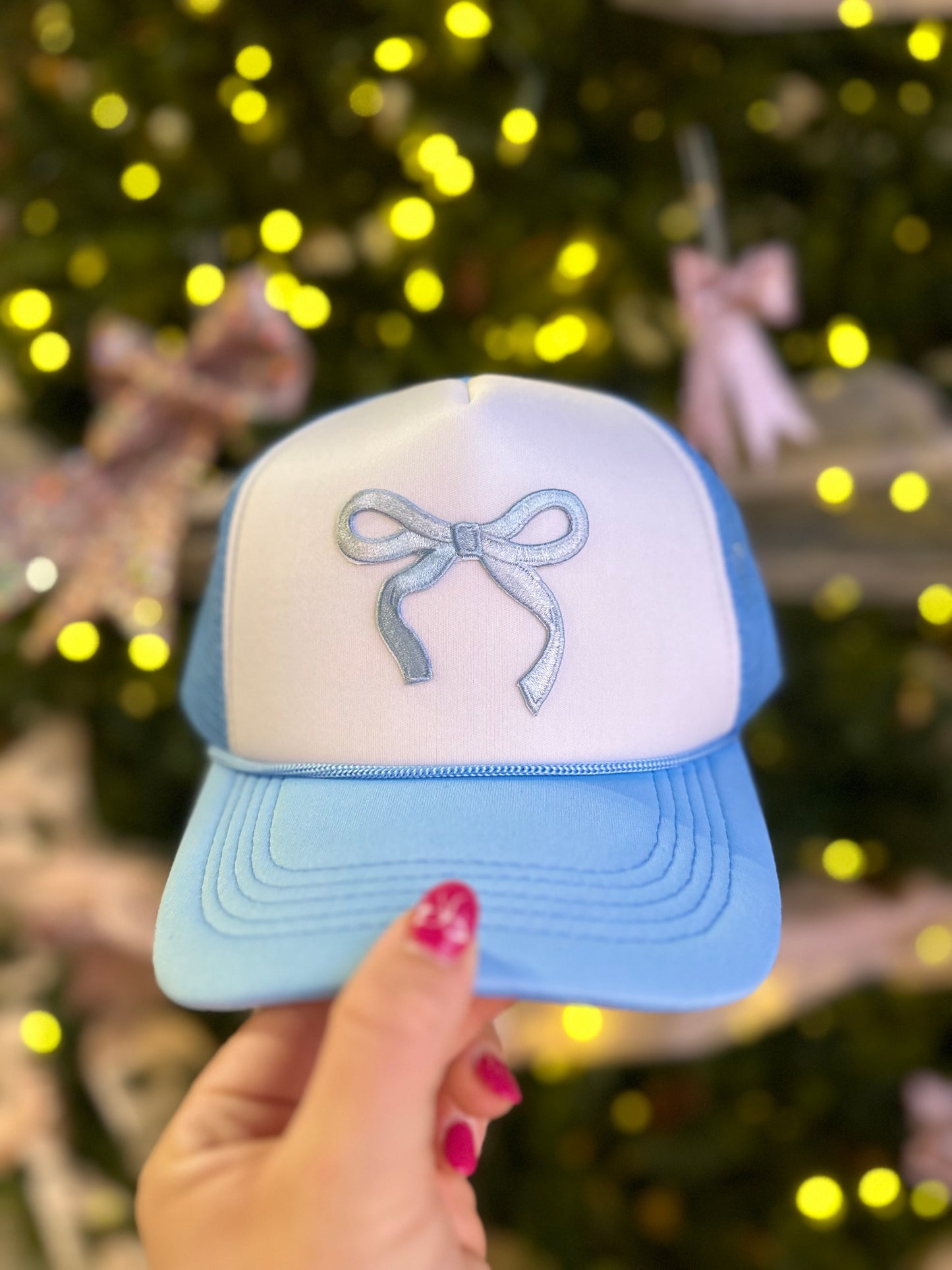 BABY BLUE BOW TRUCKER HAT