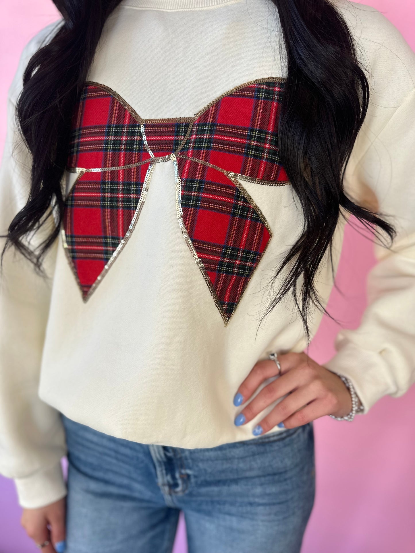 CREAM PLAID BOW SWEATSHIRT