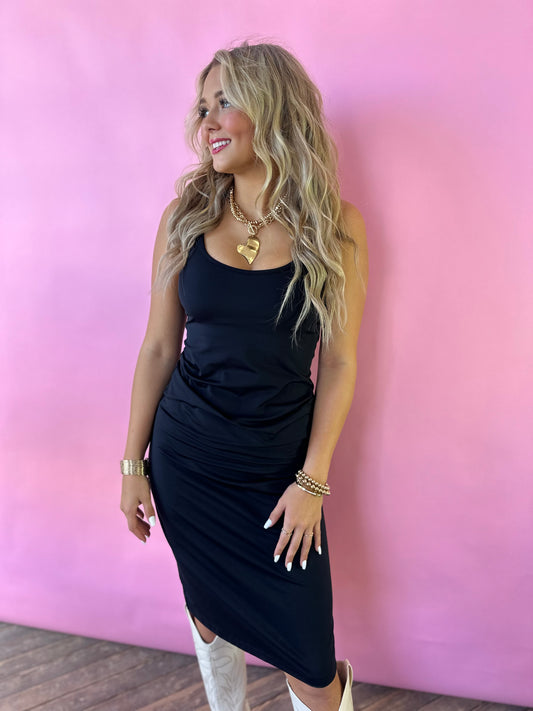 BLACK BODY CON MIDI DRESS