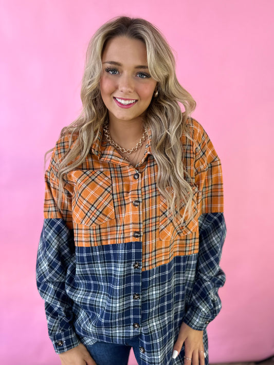 NAVY & ORANGE OVERSIZED PLAID TOP