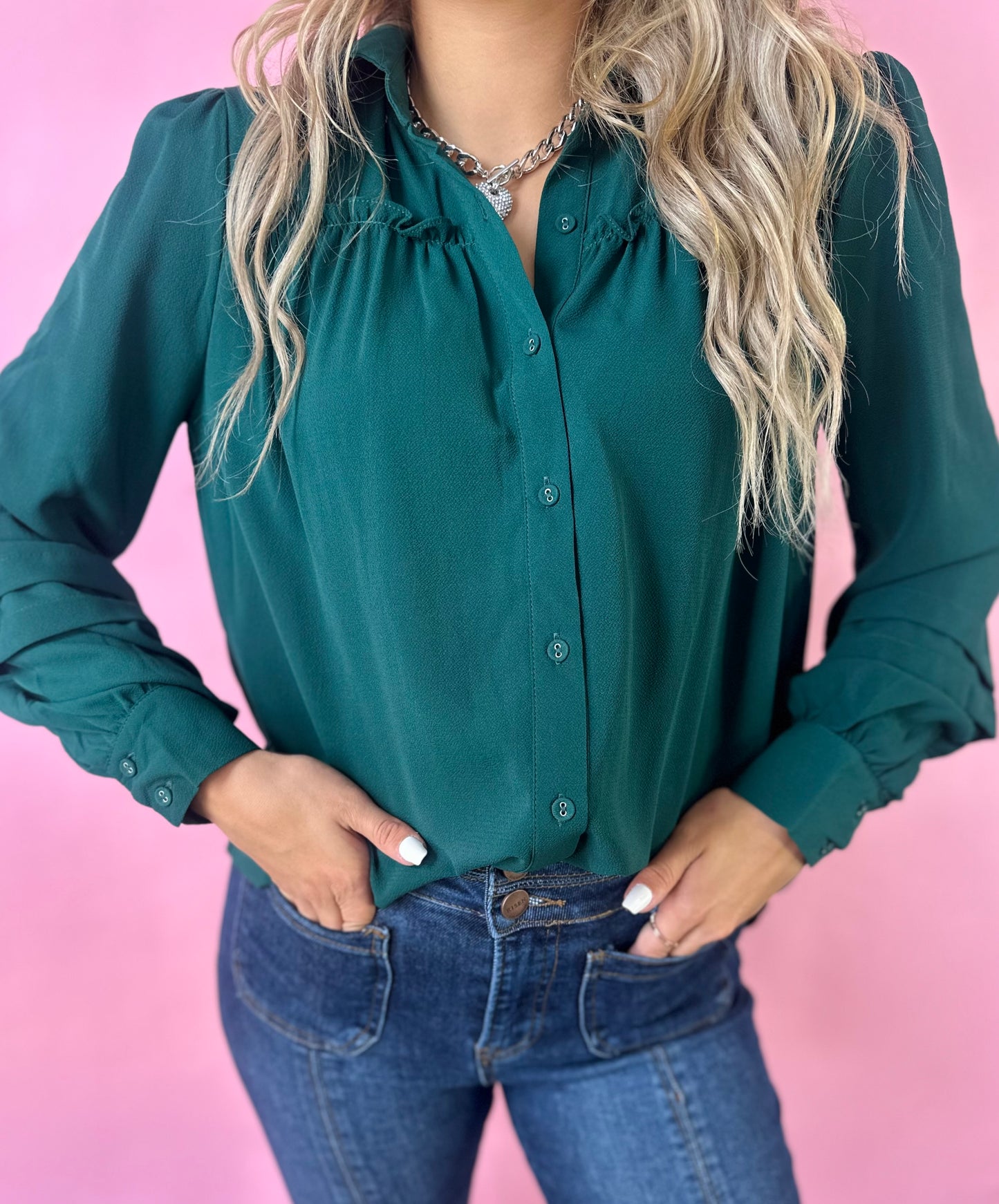 DEEP GREEN RUFFLE DETAIL TOP