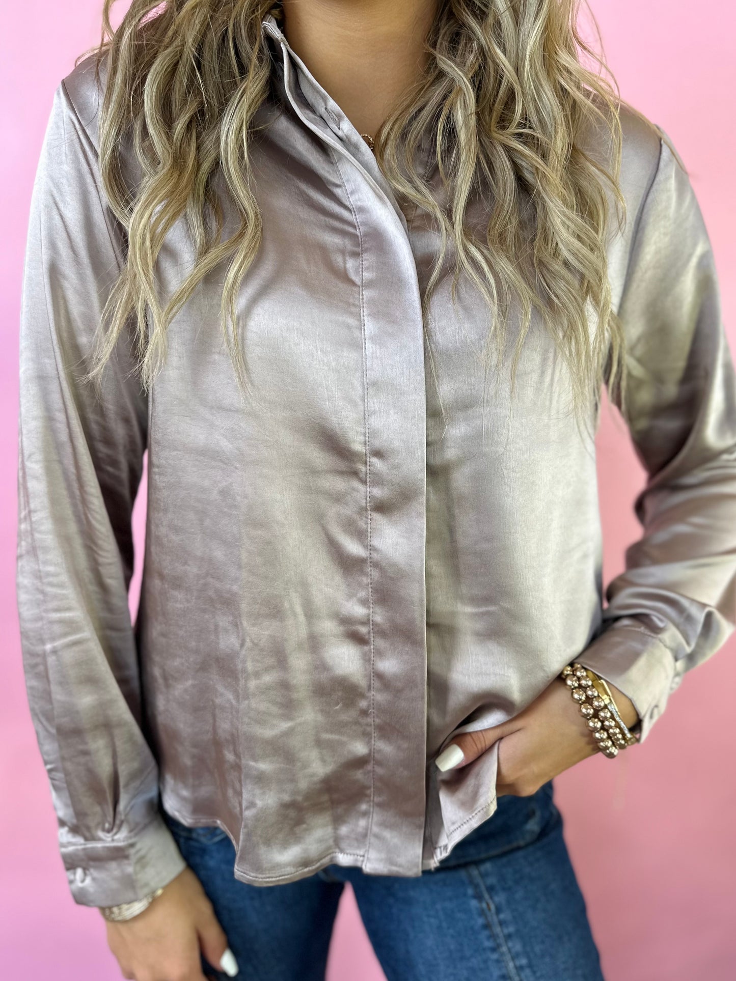 TAUPE SATIN FEELS LONG SLEEVE BLOUSE