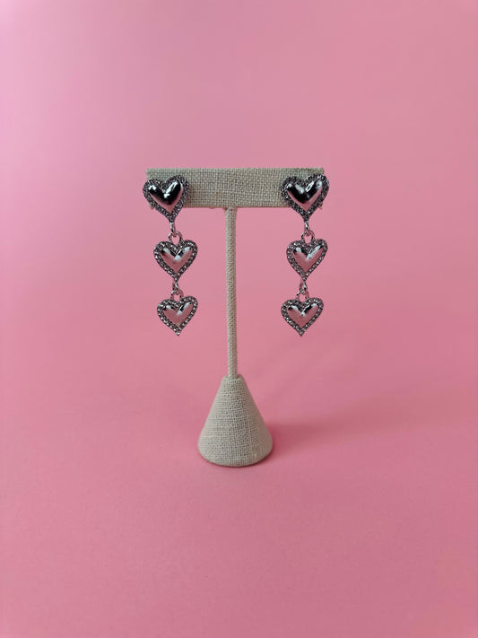 THREE HEART DANGLE EARRINGS W/RHINESTONES