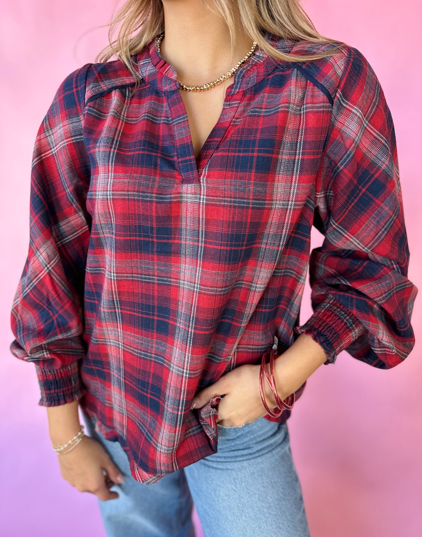 RED/NAVY PLAID TOP