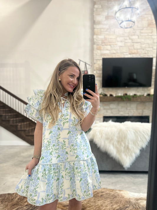 LIGHT BLUE/GREEN FLORAL RUFFLE DRESS