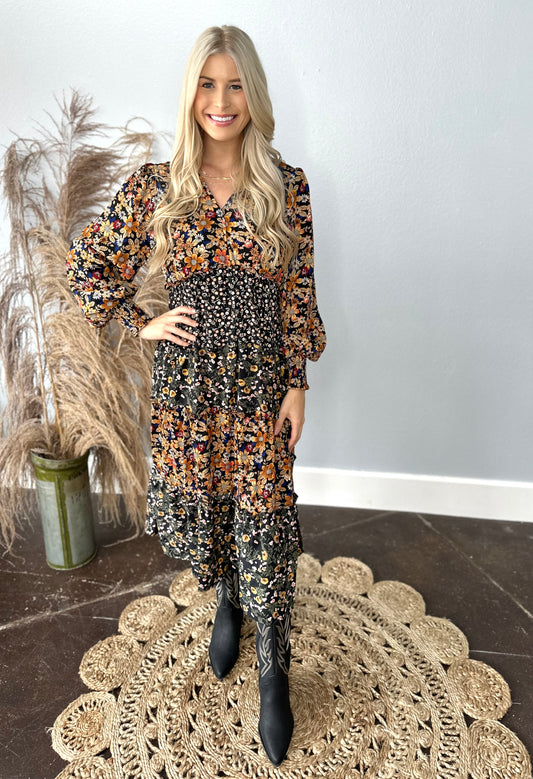 BLACK FLORAL L/S TIERED DRESS