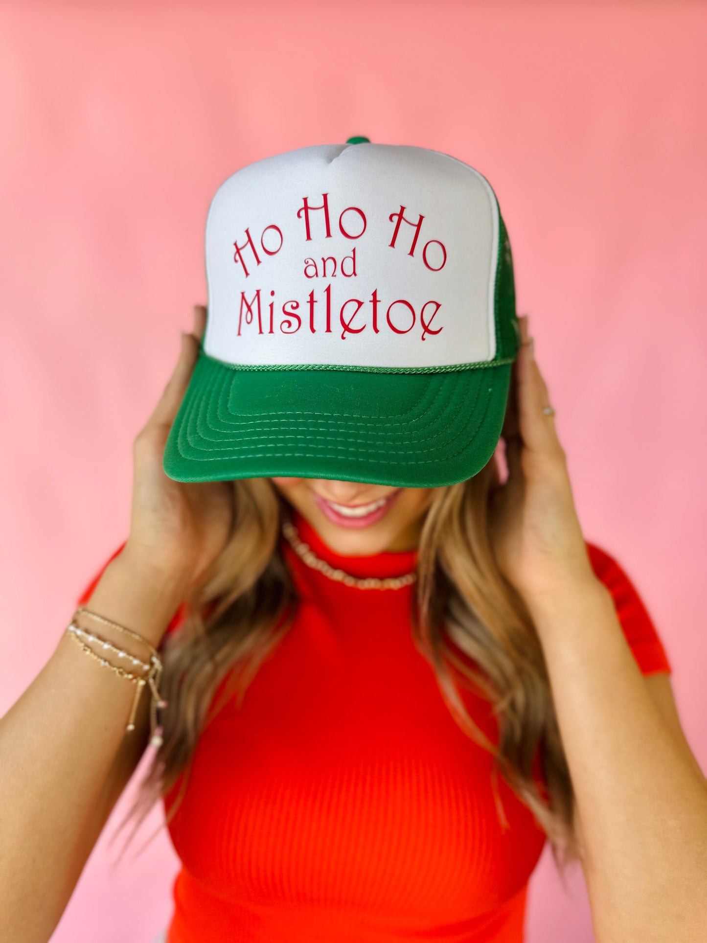 HO HO HO AND MISTLETOE TRUCKER HAT