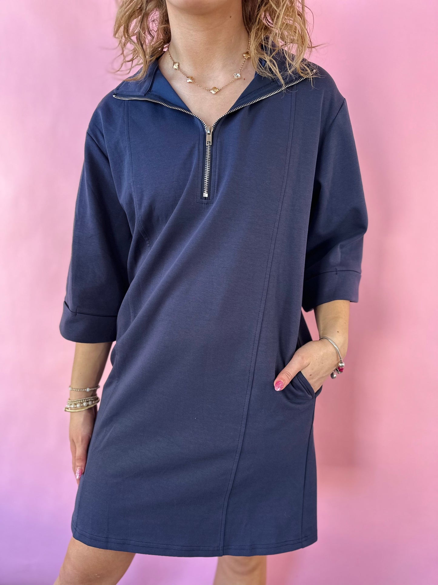 NAVY 1/2 SLEEVE SHIRT DRESS