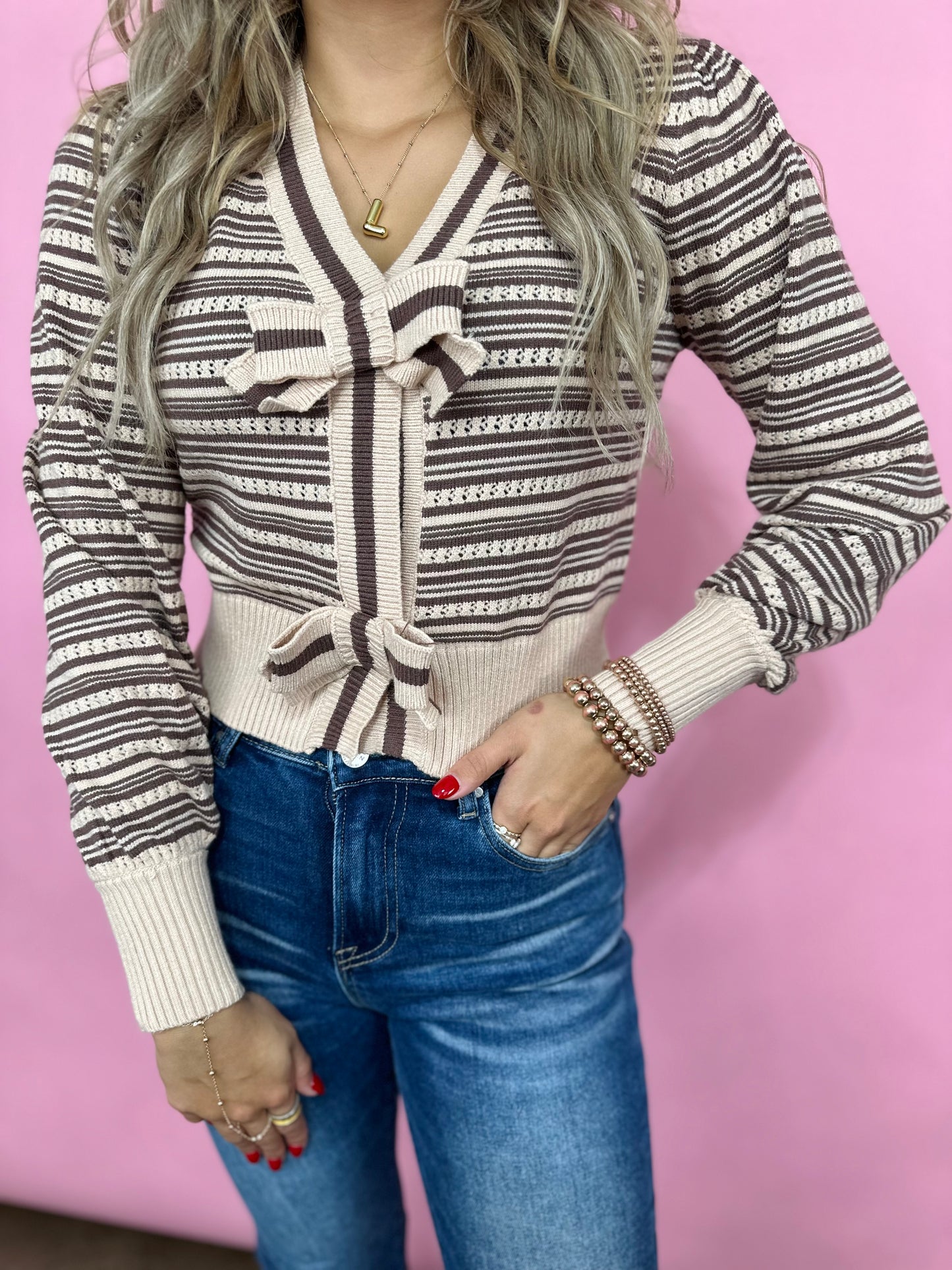 BROWN/TAUPE STRIPED CROP CARDIGAN