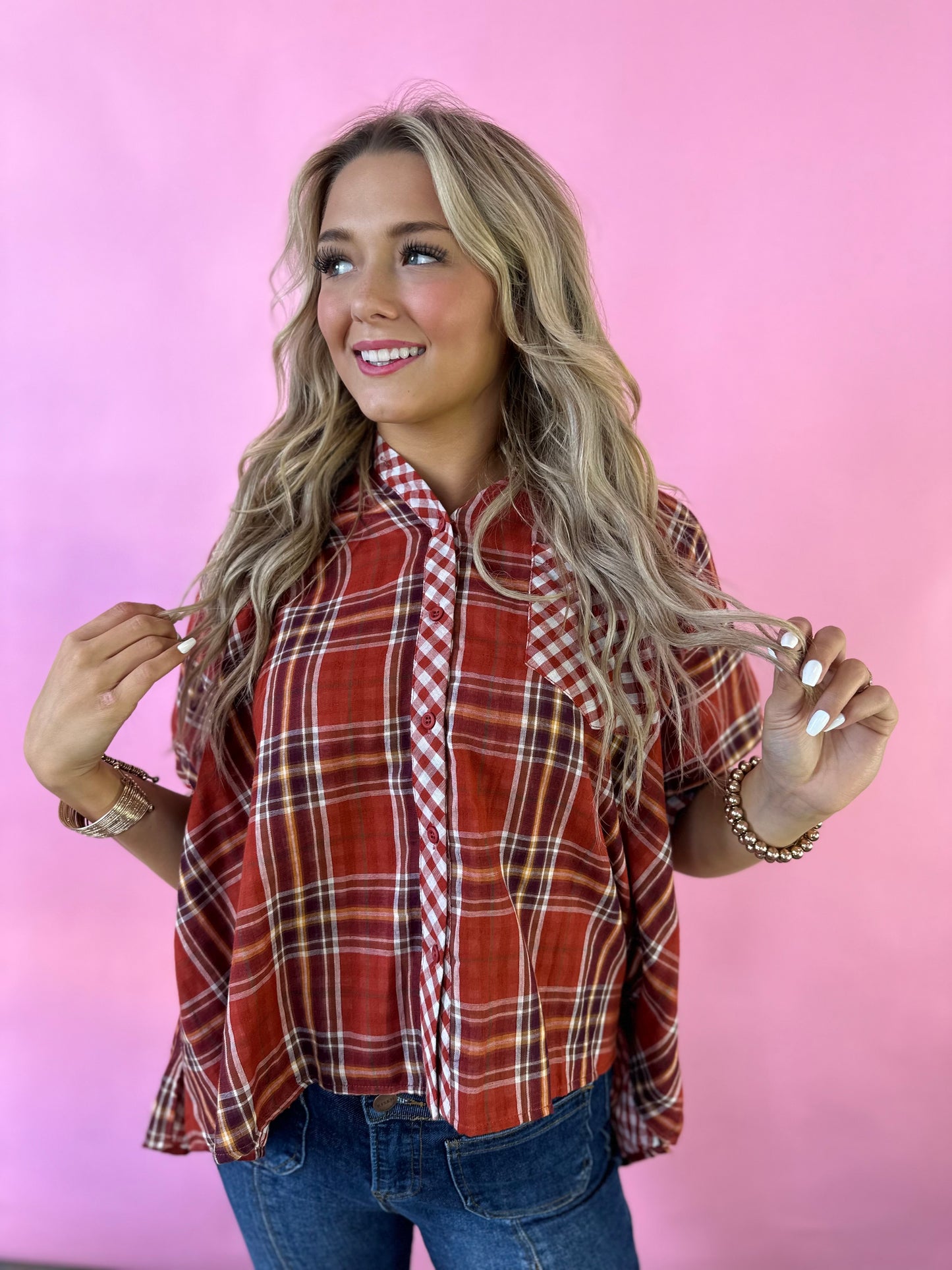 RUST PLAID CHECKED ESSENTIAL TOP