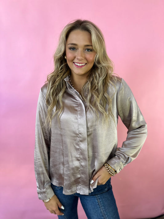 TAUPE SATIN FEELS LONG SLEEVE BLOUSE