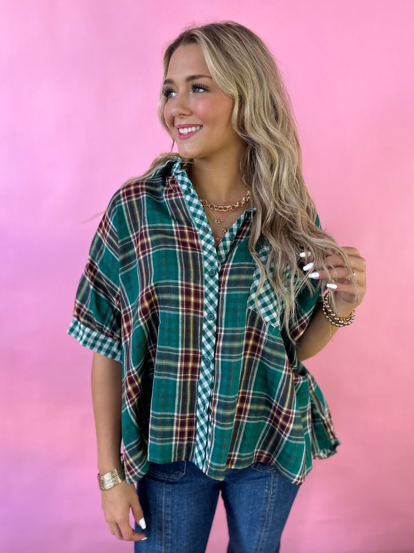 GREEN PLAID CHECKED ESSENTIAL TOP