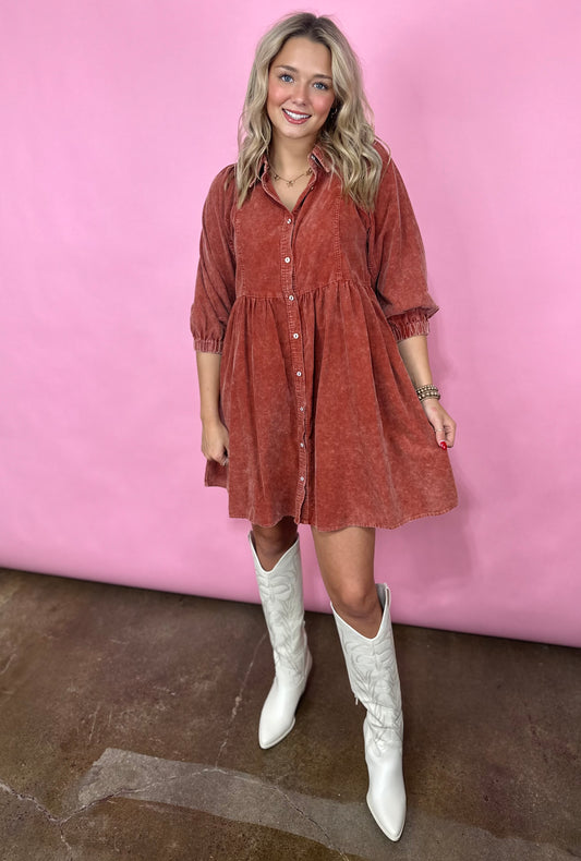 RUST LIGHTWEIGHT CORDUROY DRESS