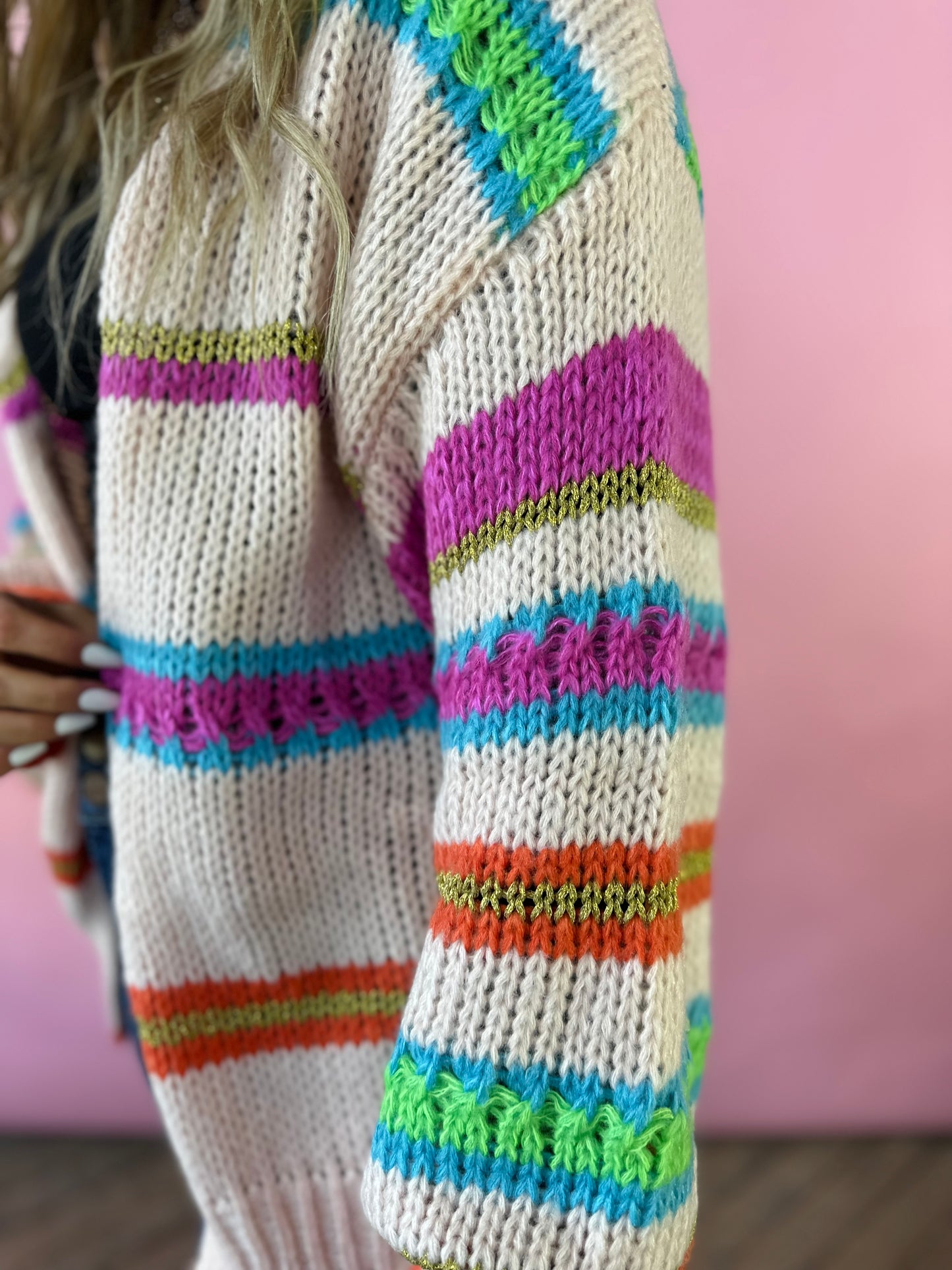 MULTI COLOR CROCHET CARDI GOLD DETAIL