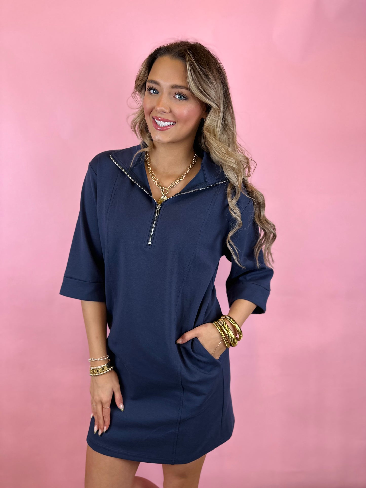 NAVY 1/2 SLEEVE SHIRT DRESS