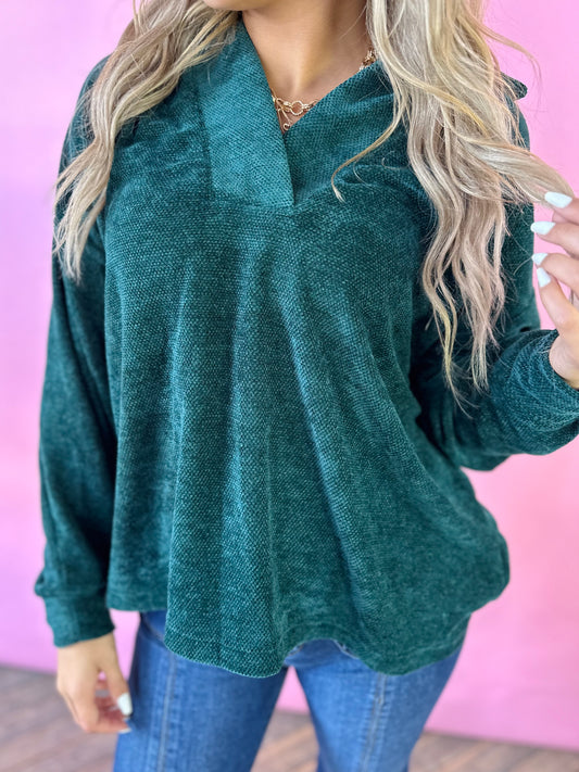 HUNTER GREEN COLLARED LONGSLEEVE CHENILLE