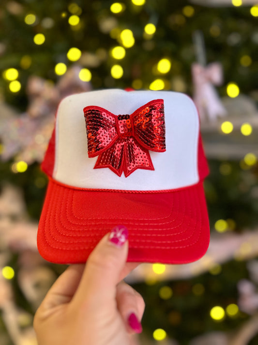 RED SEQUINS BOW TRUCKER HAT